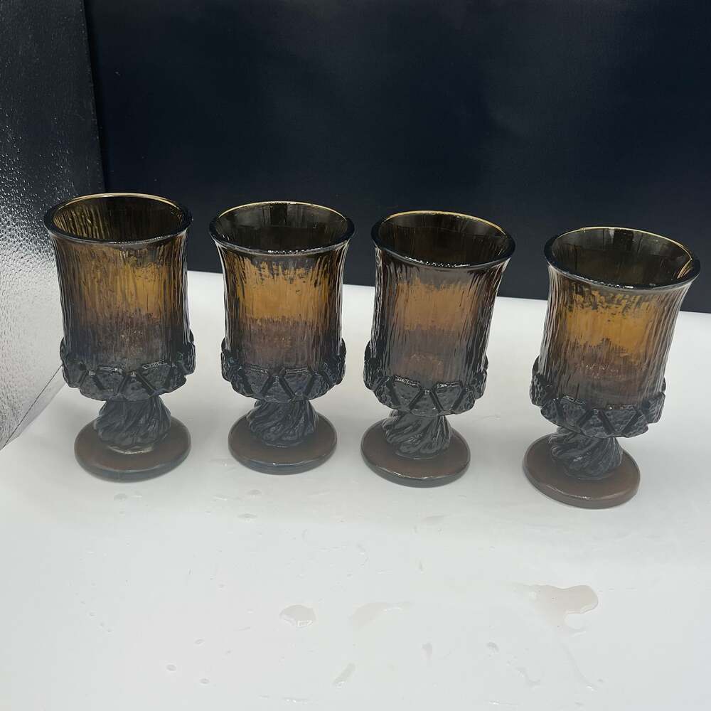 70's Fostoria SORRENTO BROWN Wood Bark Heavy Glass 6" Water Goblet Glasses Set 5